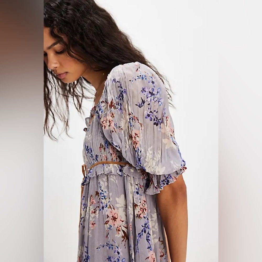 Free People Marney Mini Babydoll Dress Floral Puff Sleeve Velvet Ribbon NWT Sz L - Picture 3 of 8